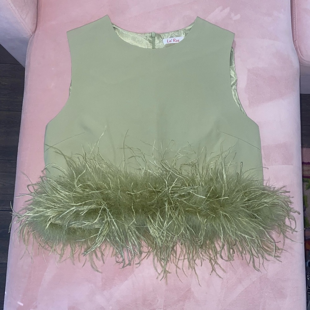 Light Green Feather Trimmed Crop Tank Top